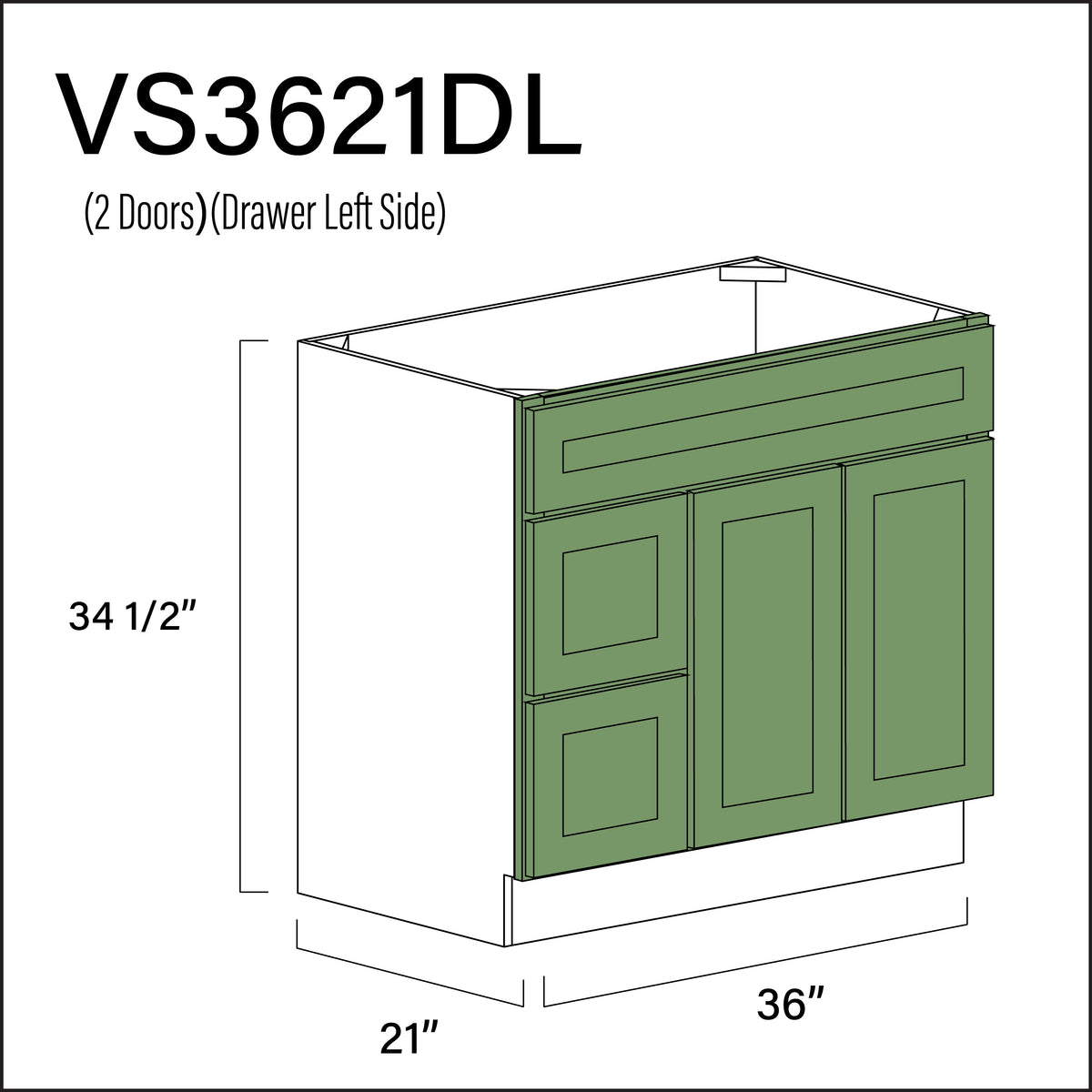 Emerald Green Shaker 2-Drawer Vanity (L) Base Cabinet - 36" W x 34.5" H x 21" D