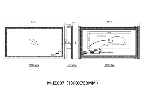 Arba 55" x 30" Frameless Rectangular Anti-Fog Adjustable LED Light Bathroom Vanity Mirror With Aluminum Alloy Back Frame