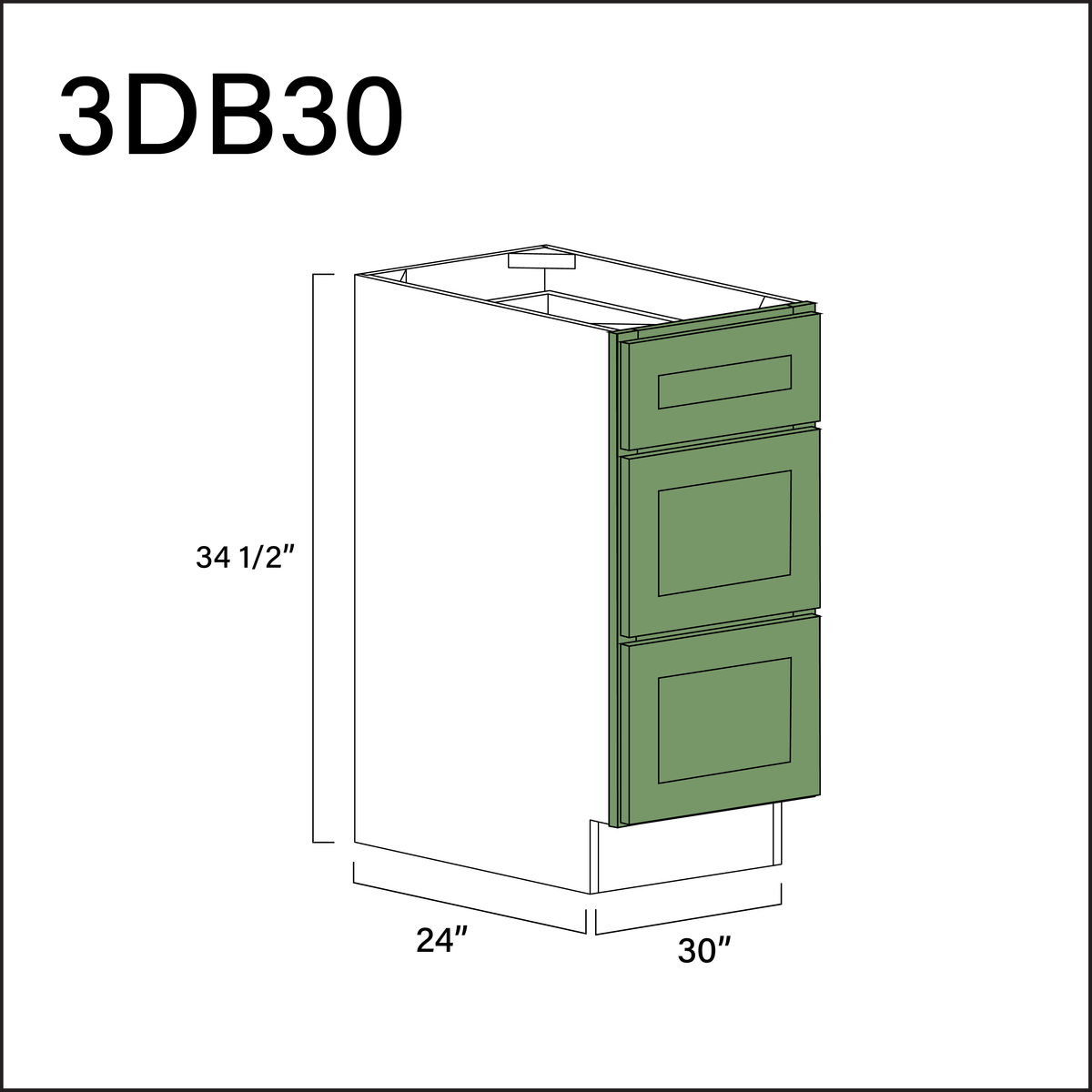 Emerald Green Shaker 3 Drawer Kitchen Base Cabinet - 30" W x 34.5" H x 24" D