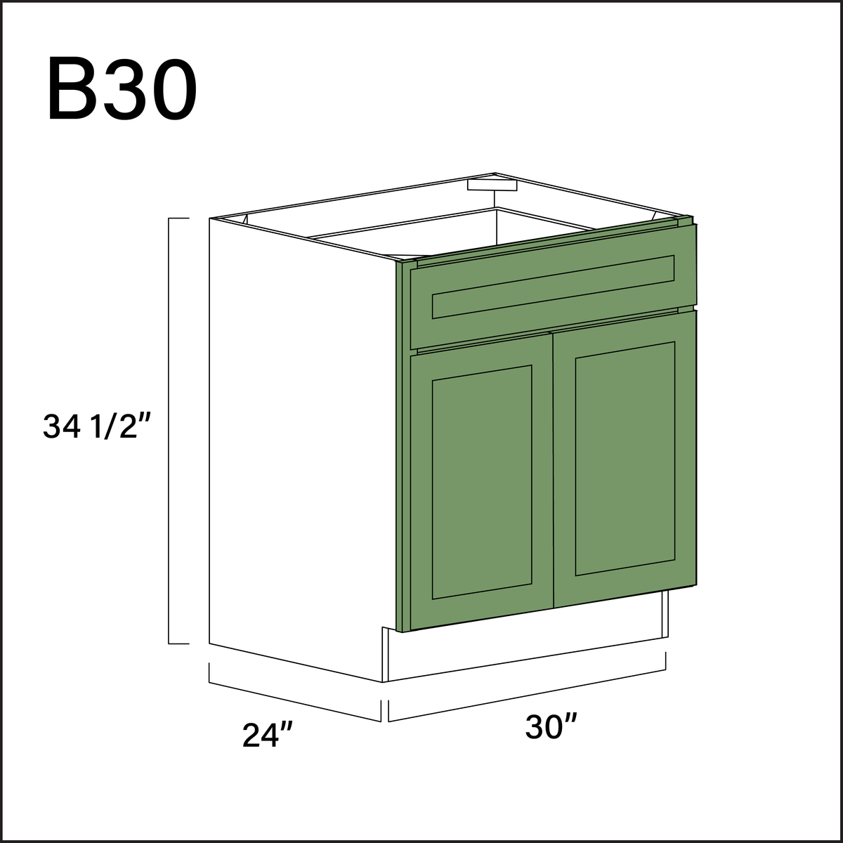 Emerald Green Shaker 1 Drawer 2 Door Kitchen Base Cabinet - 30" W x 34.5" H x 24" D