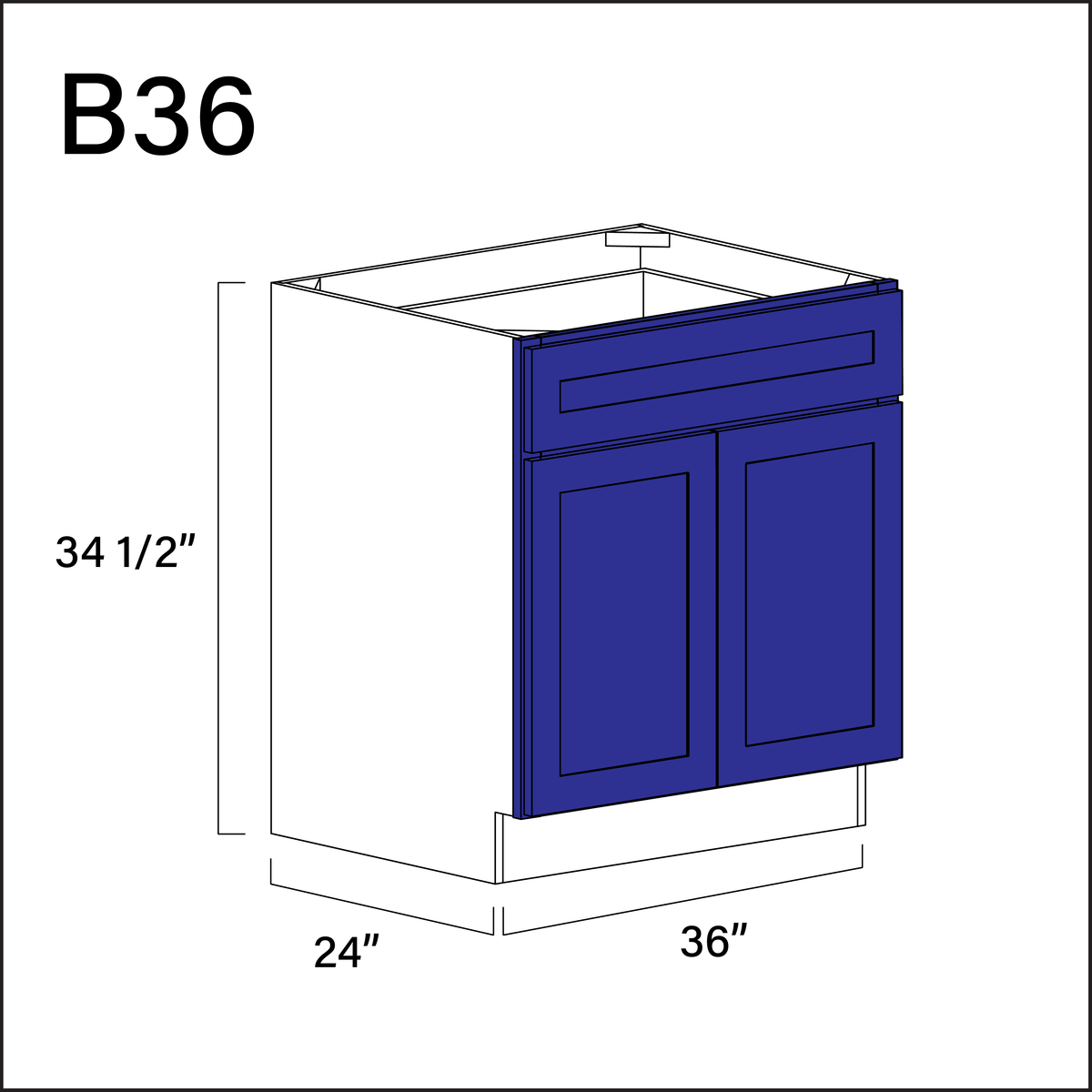 Royal Blue Shaker 1 Drawer 2 Door Kitchen Base Cabinet - 36" W x 34.5" H x 24" D