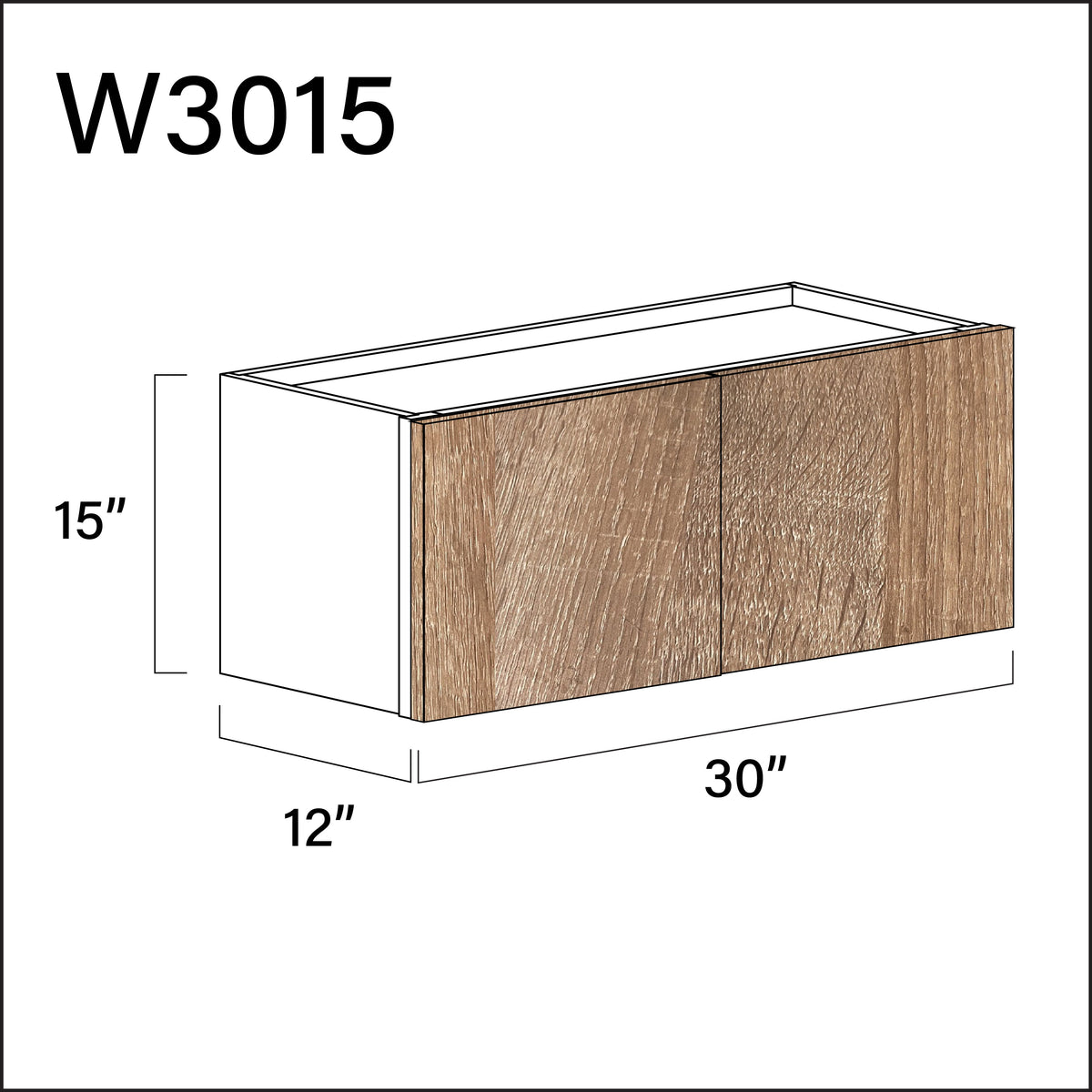 Textured Oak Frameless Double Door Wall Cabinet - 30" W x 15" H x 12" D