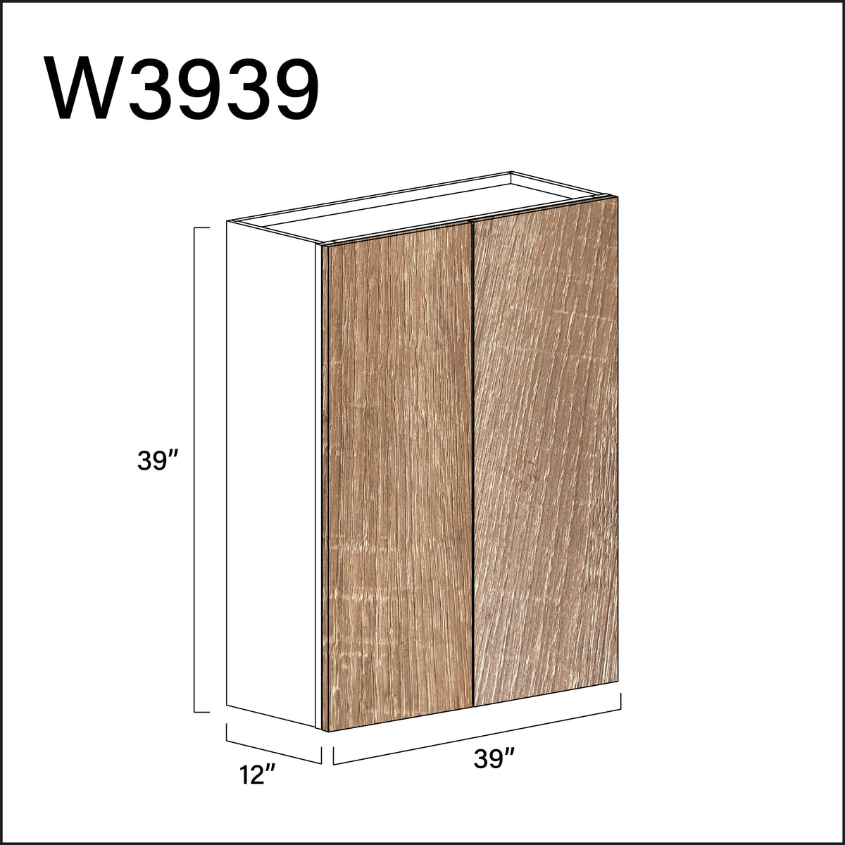 Textured Oak Frameless Double Door Wall Cabinet - 39" W x 39" H x 12" D